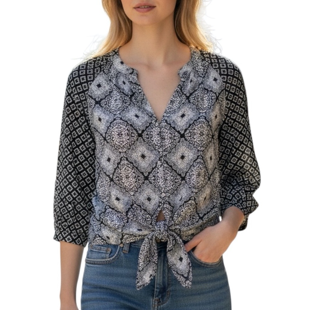 Kut From The Kloth Navy Blue White Tie Geometric Blouse Top M Boho Casual Chic